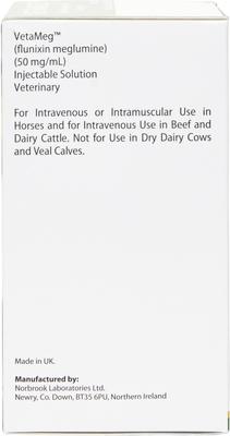 Show full view: Vetameg (flunixin meglumine) Injectable for Horses & Livestock, 50 mg/mL,100-mL vial slide 3 of 7