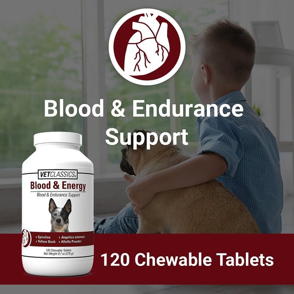 Show full view: VetClassics Blood & Energy Blood & Endurance Support Chewable Tablets Dog Supplement, 120 count slide 4 of 8