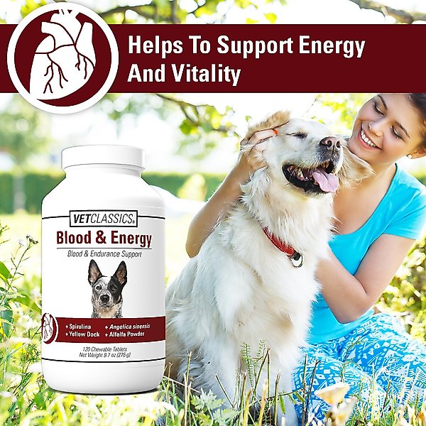 Show full view: VetClassics Blood & Energy Blood & Endurance Support Chewable Tablets Dog Supplement, 120 count slide 5 of 8