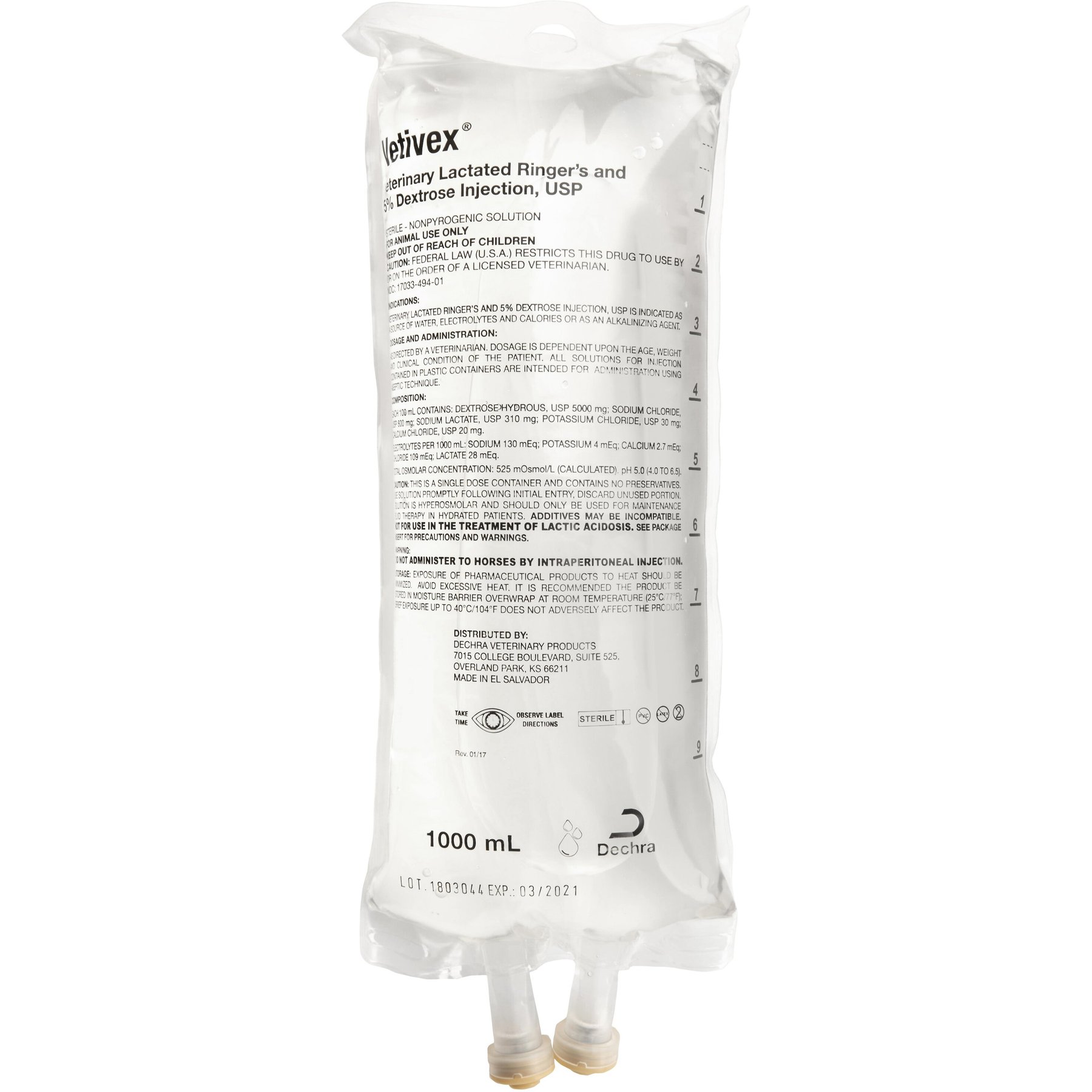 Vetivex Lactated Ringers & 5% Dextrose Injection Solution, USP for Dogs, Cats & Horses, 1-L