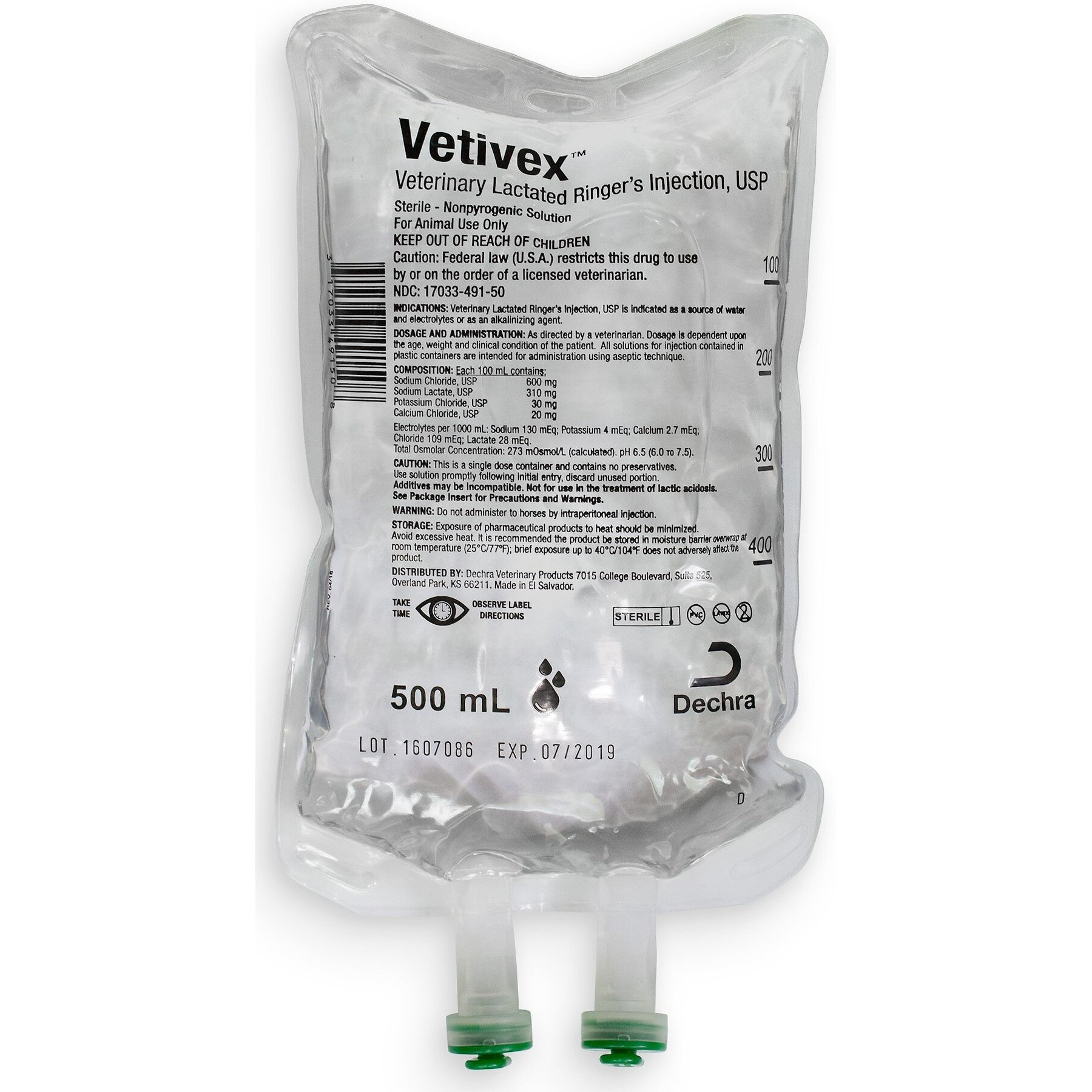 Vetivex Veterinary DEHP Free Lactated Ringers Electrolyte Injection Solution, 500-mL