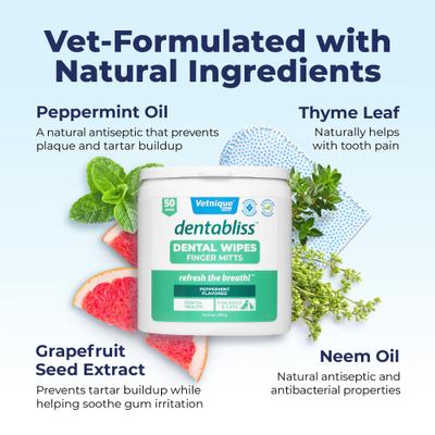 Show full view: Vetnique Labs Dentabliss Finger Mitt Teeth Cleaning Peppermint Flavor Dog Dental Wipes, 50 count slide 5 of 11