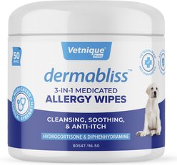 Vetnique Labs Dermabliss Medicated 3-in-1 Hydrocortisone Itch Relief, Allergies & Odor Control Cat & Dog Wipes, 50 count