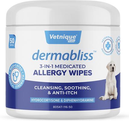 Show full view: Vetnique Labs Dermabliss Medicated 3-in-1 Hydrocortisone Itch Relief, Allergies & Odor Control Cat & Dog Wipes, 50 count slide 1 of 10