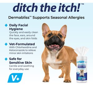 Vetnique Labs Dermabliss Medicated Face, Wrinkle & Skin Fold Chlorhexidine Cat & Dog Grooming Wipes, 60 count