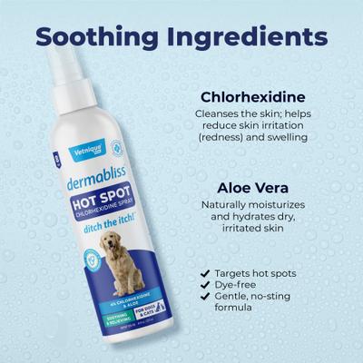 Show full view: Vetnique Labs Dermabliss Medicated Hot Spot Antiseptic Chlorhexidine Dog & Cat Skin Spray, 8-oz bottle slide 5 of 10