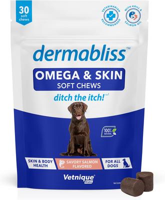 Show full view: Vetnique Labs Dermabliss Omega Skin Health Fish Oil Salmon Flavored Soft Chew Skin & Coat Supplement for Dogs, 30 count slide 1 of 11