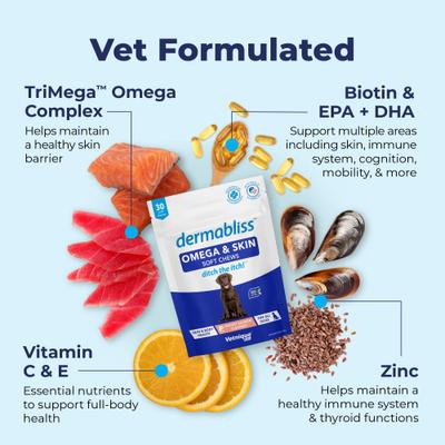 Show full view: Vetnique Labs Dermabliss Omega Skin Health Fish Oil Salmon Flavored Soft Chew Skin & Coat Supplement for Dogs, 30 count slide 5 of 11