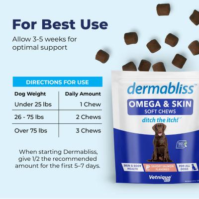 Show full view: Vetnique Labs Dermabliss Omega Skin Health Fish Oil Salmon Flavored Soft Chew Skin & Coat Supplement for Dogs, 30 count slide 6 of 11