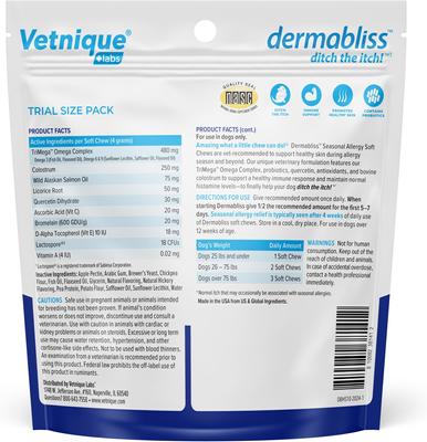 Show full view: Vetnique Labs Dermabliss Seasonal Allergy & Immune Support Salmon Flavored Allergy & Fish Oil Soft Chew Supplement for Dogs, 10 count slide 3 of 12