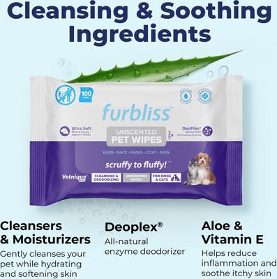 Show full view: Vetnique Labs Furbliss Unscented Cleansing & Deodorizing Hypoallergenic Paw & Body Dog & Cat Wipes, 100 count, case of 6 slide 4 of 9