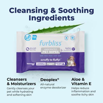 Show full view: Vetnique Labs Furbliss Unscented Cleansing & Deodorizing Hypoallergenic Paw & Body Dog & Cat Wipes, 100 count slide 4 of 9