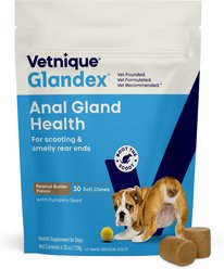 Vetnique Labs Glandex Dog Anal Gland Support Soft Chews with Pumpkin, Digestive Enzymes, Probiotics & Fiber Supplement Boot The Scoot Peanut Butter Flavored, 30 count