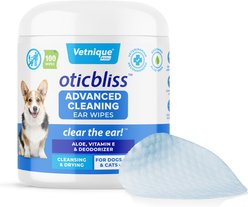 Vetnique Labs Oticbliss Advanced Cleaning, Soothing Aloe & Odor Control, Dirt & Wax Removal Dog & Cat Ear Wipes, 100 count