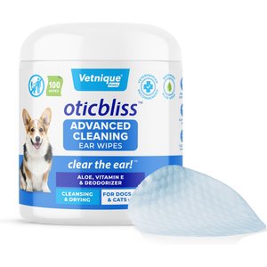 Vetnique Labs Oticbliss Advanced Cleaning, Soothing Aloe & Odor Control, Dirt & Wax Removal Dog & Cat Ear Wipes, 100 count