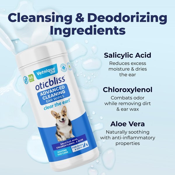 Vetnique Labs Oticbliss Advanced Cleaning, Soothing Aloe & Odor Control, Dirt & Wax Removal Dog & Cat Ear Wipes