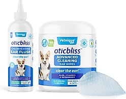 Vetnique Labs Oticbliss Medicated Ear Rinse Cleanser, 12-oz bottle + Advanced Cleaning, Soothing, & Medicated Dog & Cat Ear Wipes, 100 count