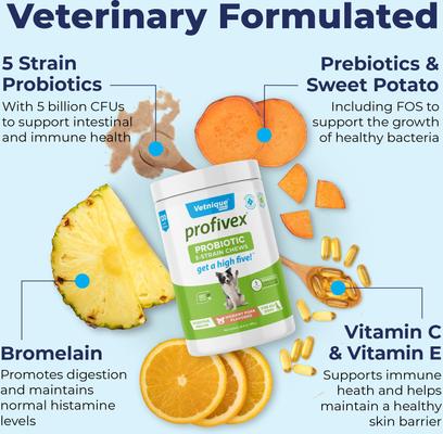 Show full view: Vetnique Labs Profivex Probiotic Digestive Health, Prebiotic & Fiber Soft Chew Supplement for Dogs, 120 count slide 5 of 11