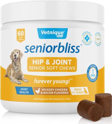 Show full view: Vetnique Labs Seniorbliss Hip & Joint Mobility Plus Multivitamin Glucosamine Hickory Chicken & Bacon Flavored Soft Chew Supplement for Senior Dogs, 60 count slide 1 of 11