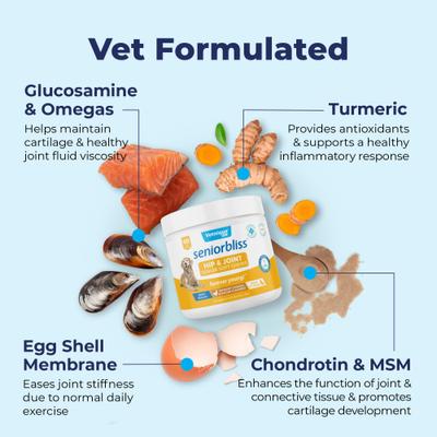 Show full view: Vetnique Labs Seniorbliss Hip & Joint Mobility Plus Multivitamin Glucosamine Hickory Chicken & Bacon Flavored Soft Chew Supplement for Senior Dogs, 60 count slide 5 of 11