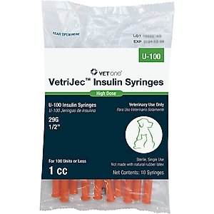 VetOne VetriJec Insulin Syringes U-100 0.5-in x 29G, 1-cc, 10 syringes