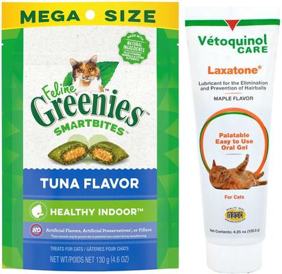 Show full view: Vetoquinol Laxatone Lubricant for Hairballs Maple Flavor Cat Oral Gel, 4.25-oz tube & Greenies Feline SmartBites Healthy Indoor Tuna Flavor Cat Treats, 4.6-oz bag slide 1 of 6