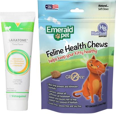 Show full view: Vetoquinol Laxatone Lubricant for Hairballs Tuna Flavored Cat Oral Gel, 4.25-oz tube & Emerald Pet Chicken Flavored Hairball Formula Grain-Free Cat Chews, 2.5-oz bag slide 1 of 6