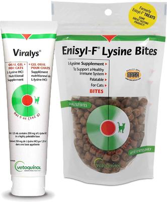 Show full view: Vetoquinol Viralys (L-Lysine) Oral Gel for Cats, 5-oz & Vetoquinol Enisyl-F Lysine Bites Chicken Liver Flavored Cat Treats, 6.35-oz bag slide 1 of 7