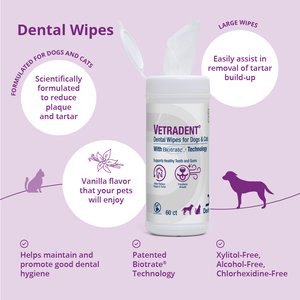 VETRADENT Organic Natural Mild Vanilla Flavored Dog & Cat Dental Wipes, 60 count