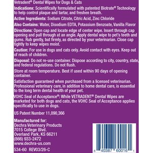 VETRADENT Organic Natural Mild Vanilla Flavored Dog & Cat Dental Wipes, 60 count