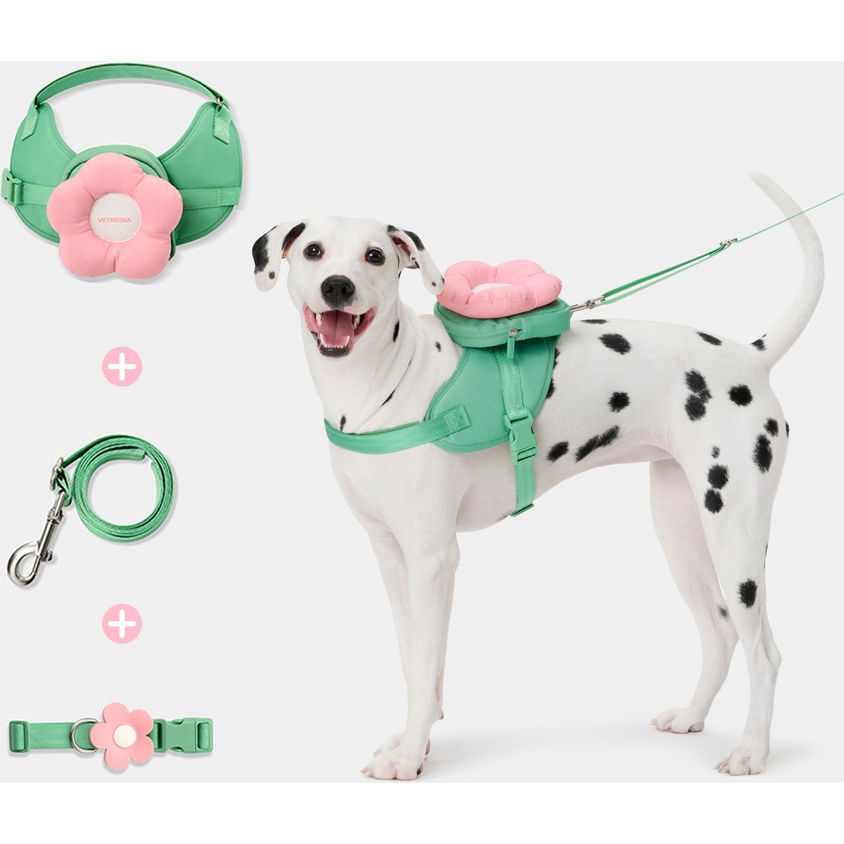 VETRESKA 3-in-1 Flora Dog Backpack & Harness Set, Pink/Green, Large: 25 to 35-in chest