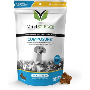 VetriScience Composure Calm & Confident Clinically Tested Chicken-Flavored Chews Calming & Anxiety Supplement for Dogs, 120 count