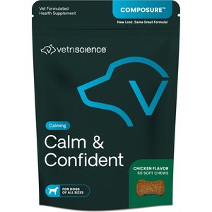 VetriScience Composure Calm & Confident Clinically Tested Chicken-Flavored Chews Calming & Anxiety Supplement for Dogs, 60 count
