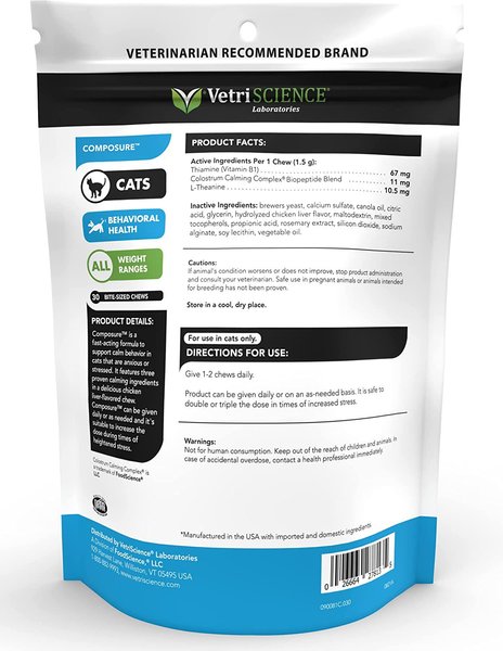 Show full view: VetriScience Composure Chicken Liver Flavored Soft Chews Calming Supplement for Cats, 30 count slide 8 of 10