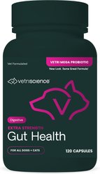 VetriScience Extra Strength Gut Mega Probiotic & Prebiotic Health Easy-Open Capsules Digestive Supplement for Dogs & Cats, 120 count