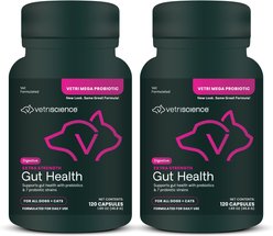 VetriScience Extra Strength Gut Mega Probiotic & Prebiotic Health Easy-Open Capsules Digestive Supplement for Dogs & Cats, 240 count