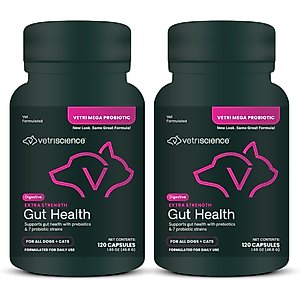 VetriScience Extra Strength Gut Mega Probiotic & Prebiotic Health Easy-Open Capsules Digestive Supplement for Dogs & Cats, 240 count