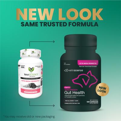 Show full view: VetriScience Extra Strength Gut Mega Probiotic & Prebiotic Health Easy-Open Capsules Digestive Supplement for Dogs & Cats, 240 count slide 3 of 12