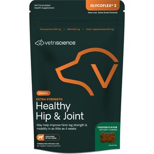 VetriScience GlycoFlex 3 Extra Strength Healthy Hip & Joint Chicken-Flavored Chews with Glucosamine & Green-Lipped Mussel Supplement for Dogs, 120 count