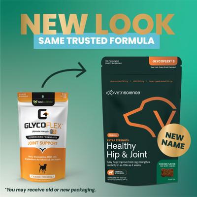 Show full view: VetriScience GlycoFlex 3 Extra Strength Healthy Hip & Joint Chicken-Flavored Chews with Glucosamine & Green-Lipped Mussel Supplement for Dogs, 240 count slide 3 of 11