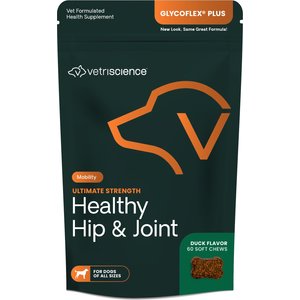 VetriScience GlycoFlex Plus Ultimate Strength Healthy Hip & Joint Duck-Flavored Chews with Glucosamine & Chondroitin Supplement for Dogs, 60 count