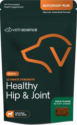 Show full view: VetriScience GlycoFlex Plus Ultimate Strength Healthy Hip & Joint Duck-Flavored Chews with Glucosamine & Chondroitin Supplement for Dogs, 60 count slide 1 of 11