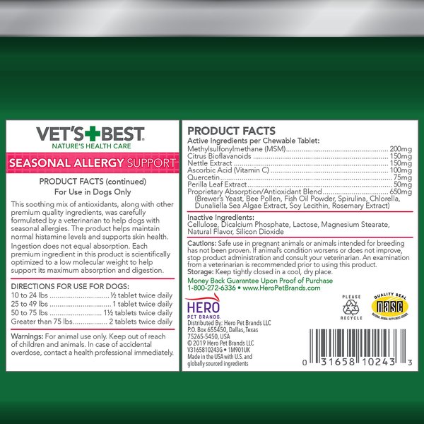 Show full view: Vet's Best Chewable Tablets Allergy Supplement for Dogs, 60 count slide 2 of 9