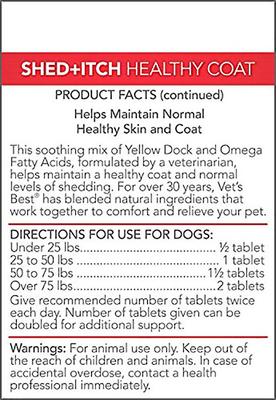 Show full view: Vet's Best Shed+Itch Healthy Coat Chewable Tablets Skin & Coat Supplement for Dogs, 150 count slide 3 of 12