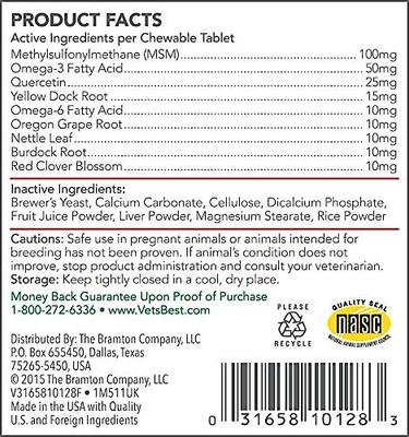 Show full view: Vet's Best Shed+Itch Healthy Coat Chewable Tablets Skin & Coat Supplement for Dogs, 50 count slide 3 of 12
