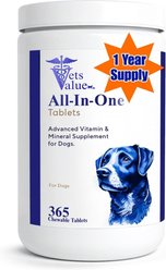 Vets Value All in One Advanced Minerals Flavored Chewable Tablets Multivitamin for Dogs, 365 count