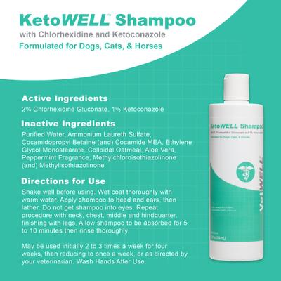 Show full view: VetWELL Ketoconazole Chlorhexidine Skin Infections, Growths, Abrasions, Acne, & Hot Spots Oatmeal & Aloe Mint Scent Medicated Dog & Cat Shampoo, 12-fl oz slide 3 of 6