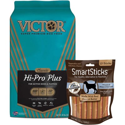 VICTOR VICTOR Classic Hi-Pro Plus Formula Dry Food + SmartBones SmartSticks Peanut Butter Chews Dog Treats
