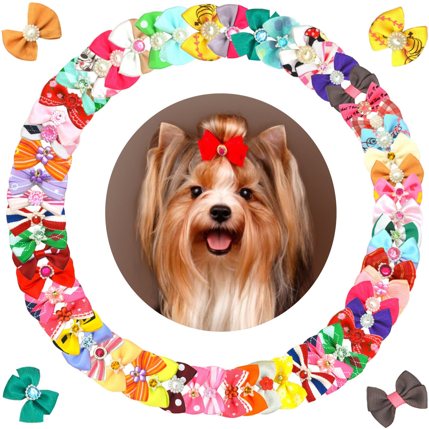 Vila Vila Cute Ribbon Bows Elastic Rubber Band Hair Ties Dog & Cat Grooming Accessories, 60 count