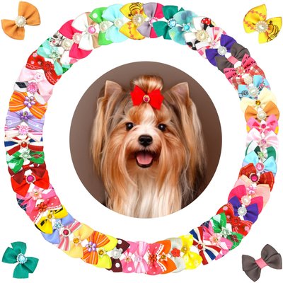 Vila Vila Cute Ribbon Bows Elastic Rubber Band Hair Ties Dog & Cat Grooming Accessories, 60 count